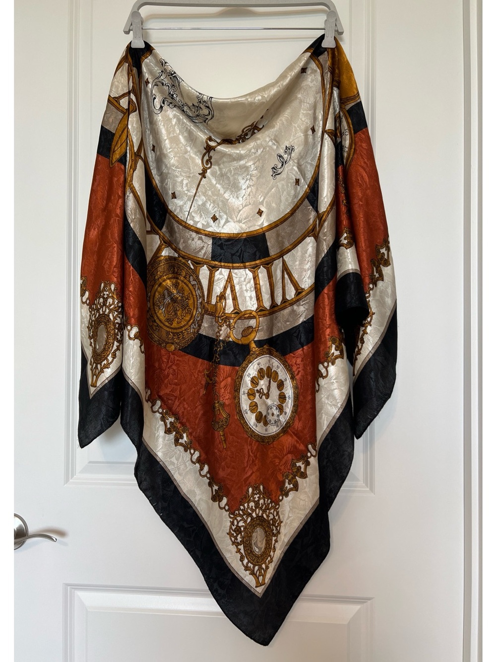Vintage-Inspired Silk blend Scarf with Clock Motif in Rust, Cream & Black 46”